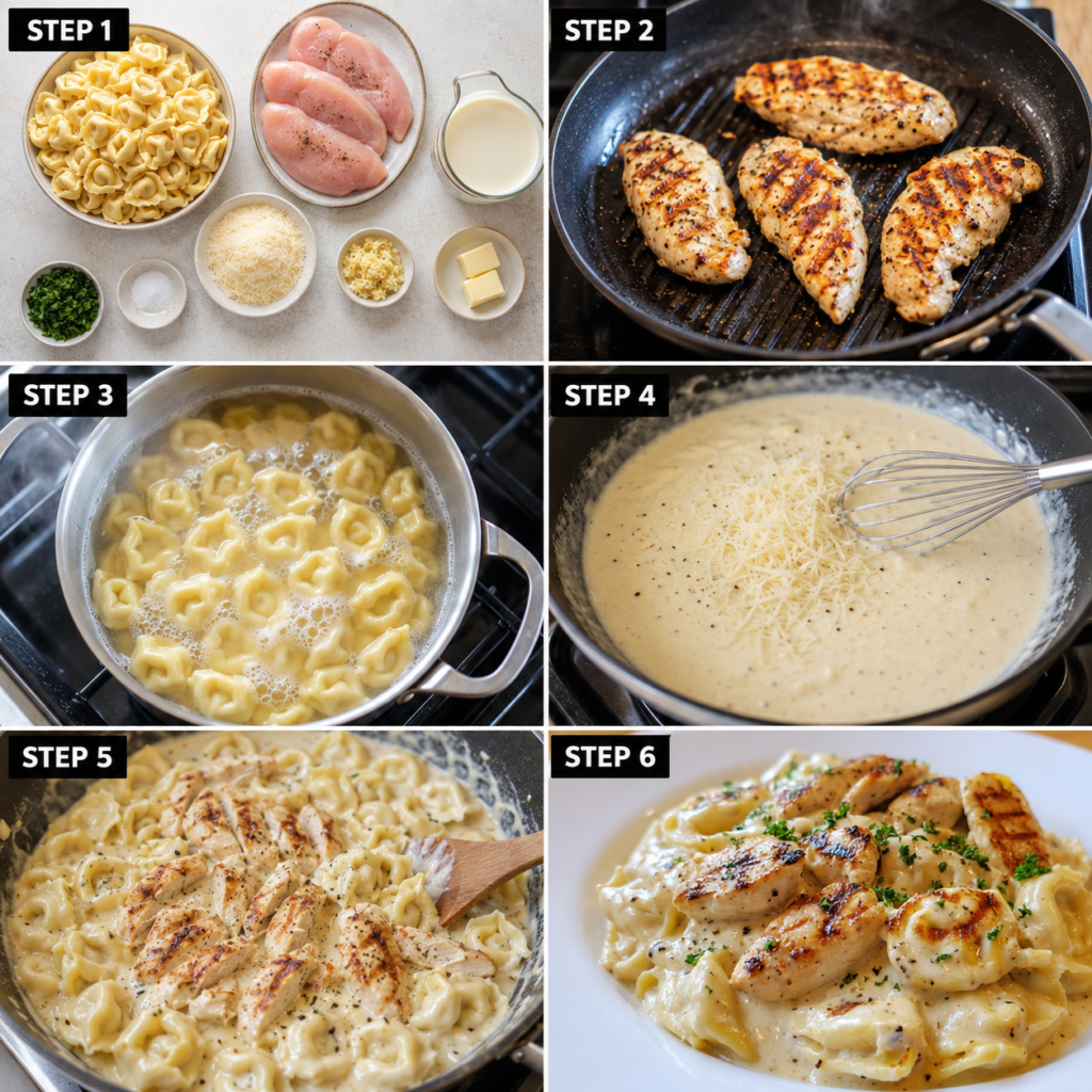 Creamy cheese tortellini with sliced grilled chicken