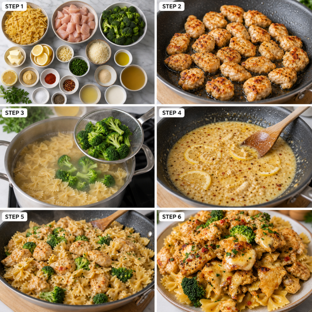 Bowtie pasta with lemon butter chicken and broccoli