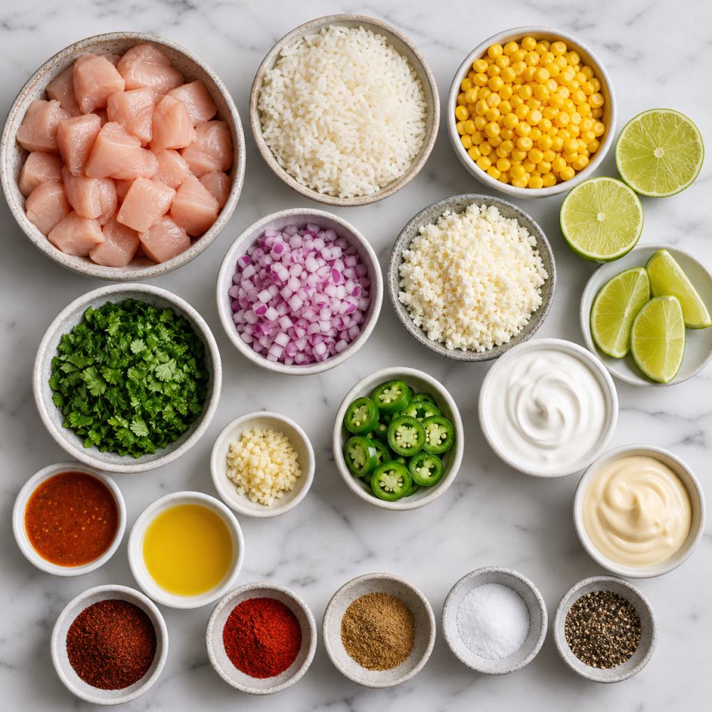 Street corn chicken rice bowl with creamy corn topping