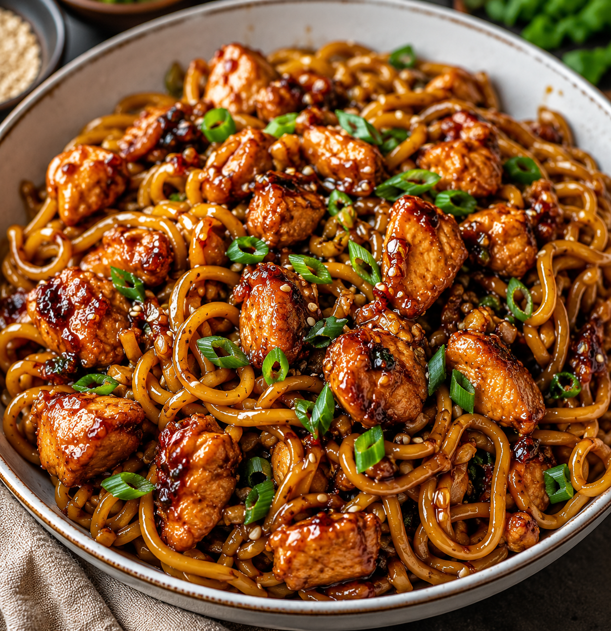 Sticky Garlic Chicken Noodles in a bowl