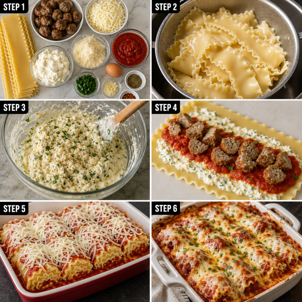 Italian Meatball Lasagna Roll-Ups baked with cheese