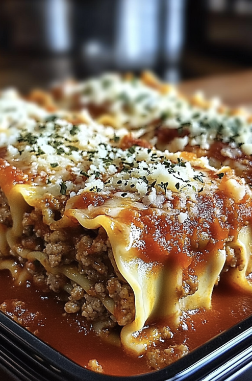 Italian Meatball Lasagna Roll-Ups baked with cheese