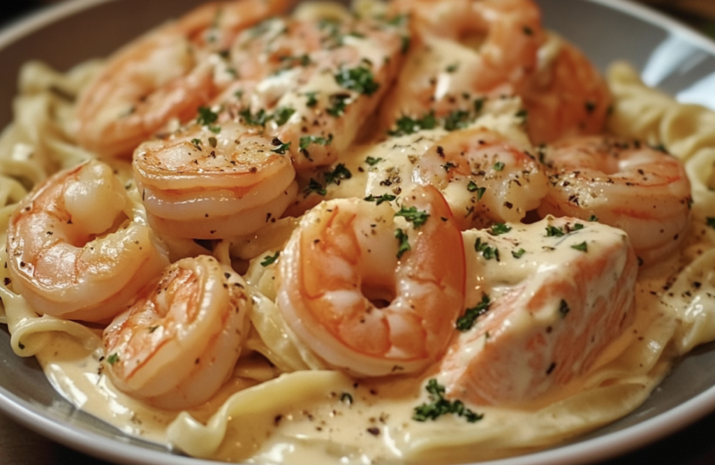 Creamy Salmon and Shrimp Alfredo Pasta
