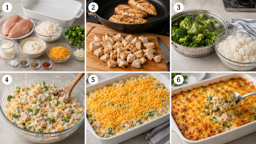 Cheesy Chicken Broccoli Rice Casserole with tender chicken, broccoli, rice, and melted cheddar cheese