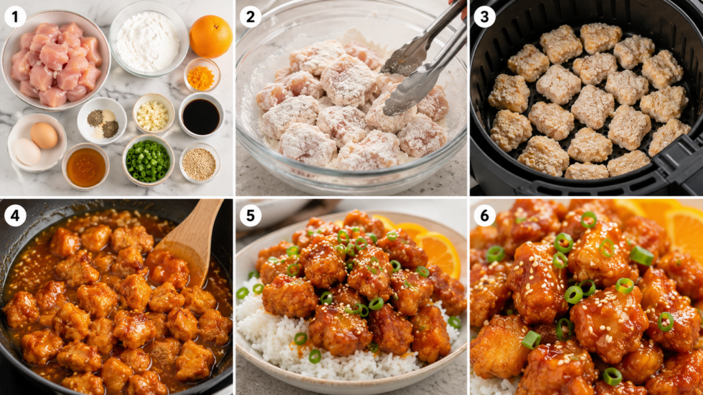 Crispy Air Fryer Orange Chicken coated in sticky orange sauce and served over white rice