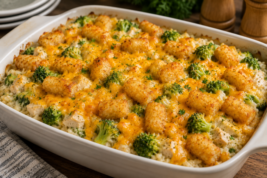 Cheesy Chicken Broccoli Rice Casserole with tender chicken, broccoli, rice, and melted cheddar cheese